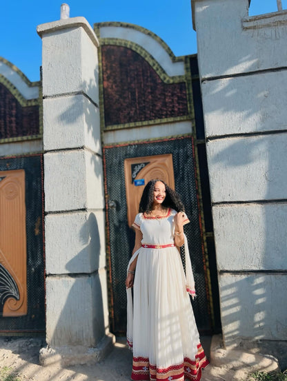 White Habesha Kemis with Red Embroidery Traditional Ethiopian Dress Cultural Habesha Dress 490