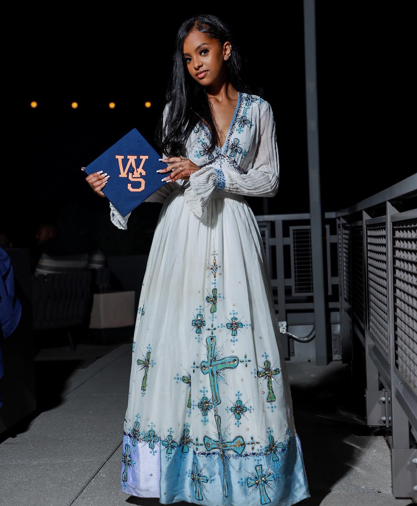 Traditional Ethiopian Dress For Event Habesha Kemis with Blue Embroidery V-neckline Habesha Dress  491