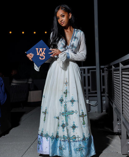 Traditional Ethiopian Dress For Event Habesha Kemis with Blue Embroidery V-neckline Habesha Dress  491