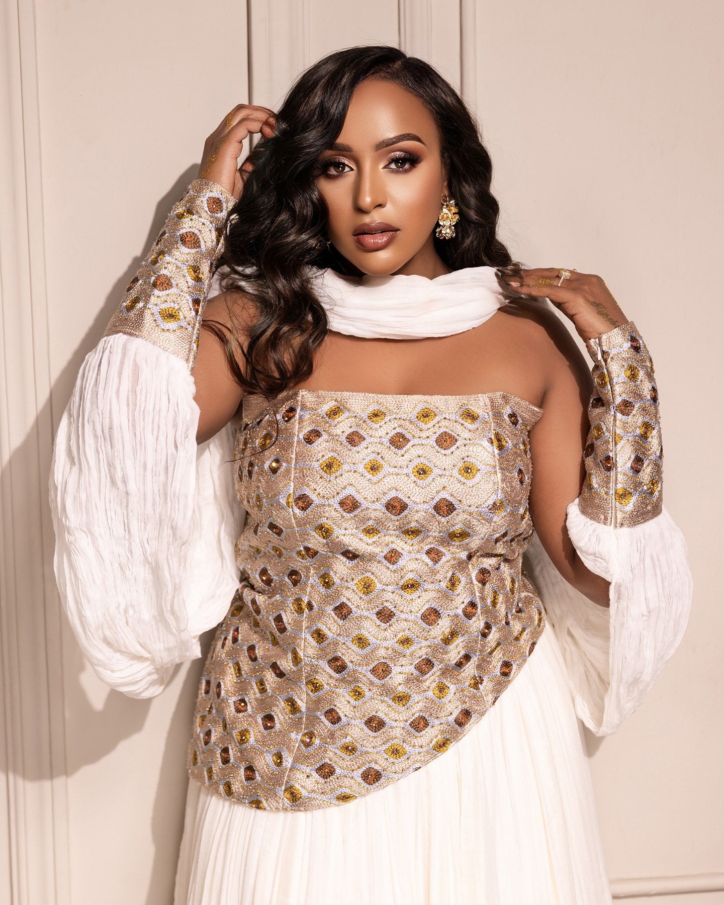 Sleeveless Ethiopian Wedding Dress Golden Embroidery Habesha Kemis Habesha dress For Wedding 495