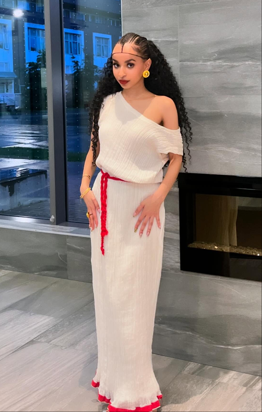 White Habesha Kemis with Red Hem Elegant Habesha Dress Traditional Ethiopian Dress