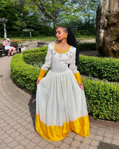 Yellow Woven Habesha Dress With Long Sleeves Classic Habesha Kemis Timeless Habesha Dress 501