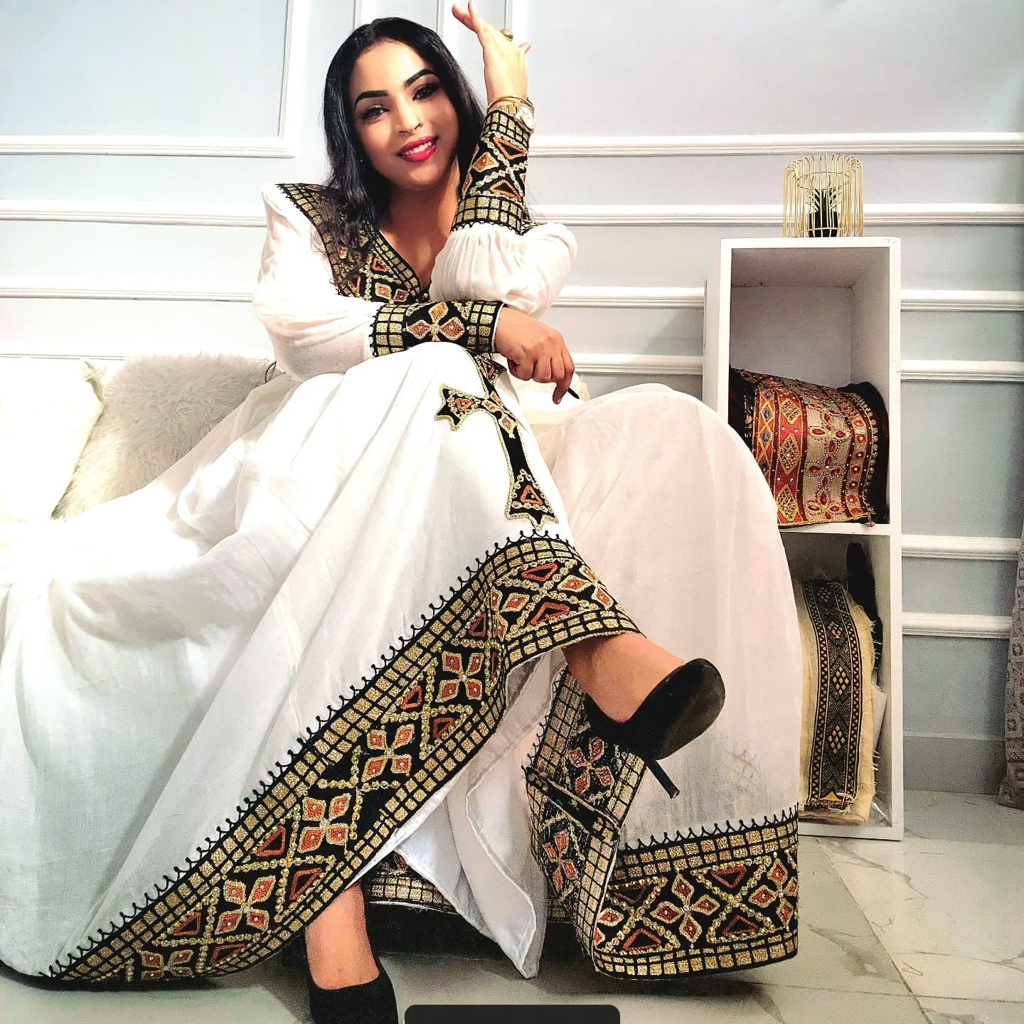 Golden and Black Embroidery Habesha Dress Long Sleeves Habesha Kemis Ethiopian Clothing For Festive 504