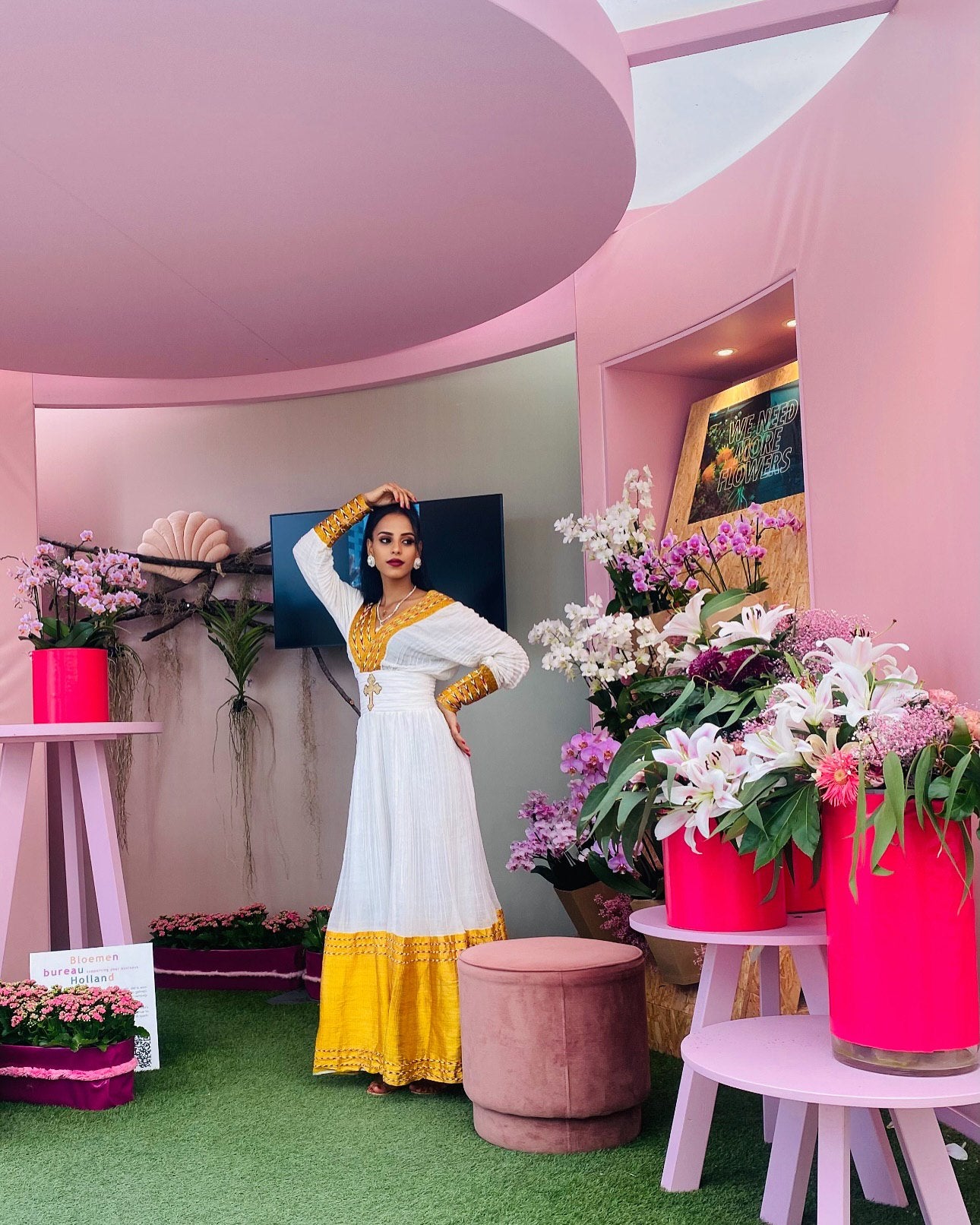 Yellow Woven Habesha Dress V-Neckline Ethiopian Dress Traditional Habesha Kemis Style 505