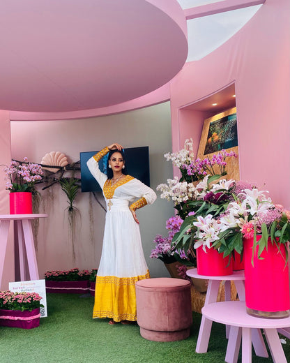 Yellow Woven Habesha Dress V-Neckline Ethiopian Dress Traditional Habesha Kemis Style 505