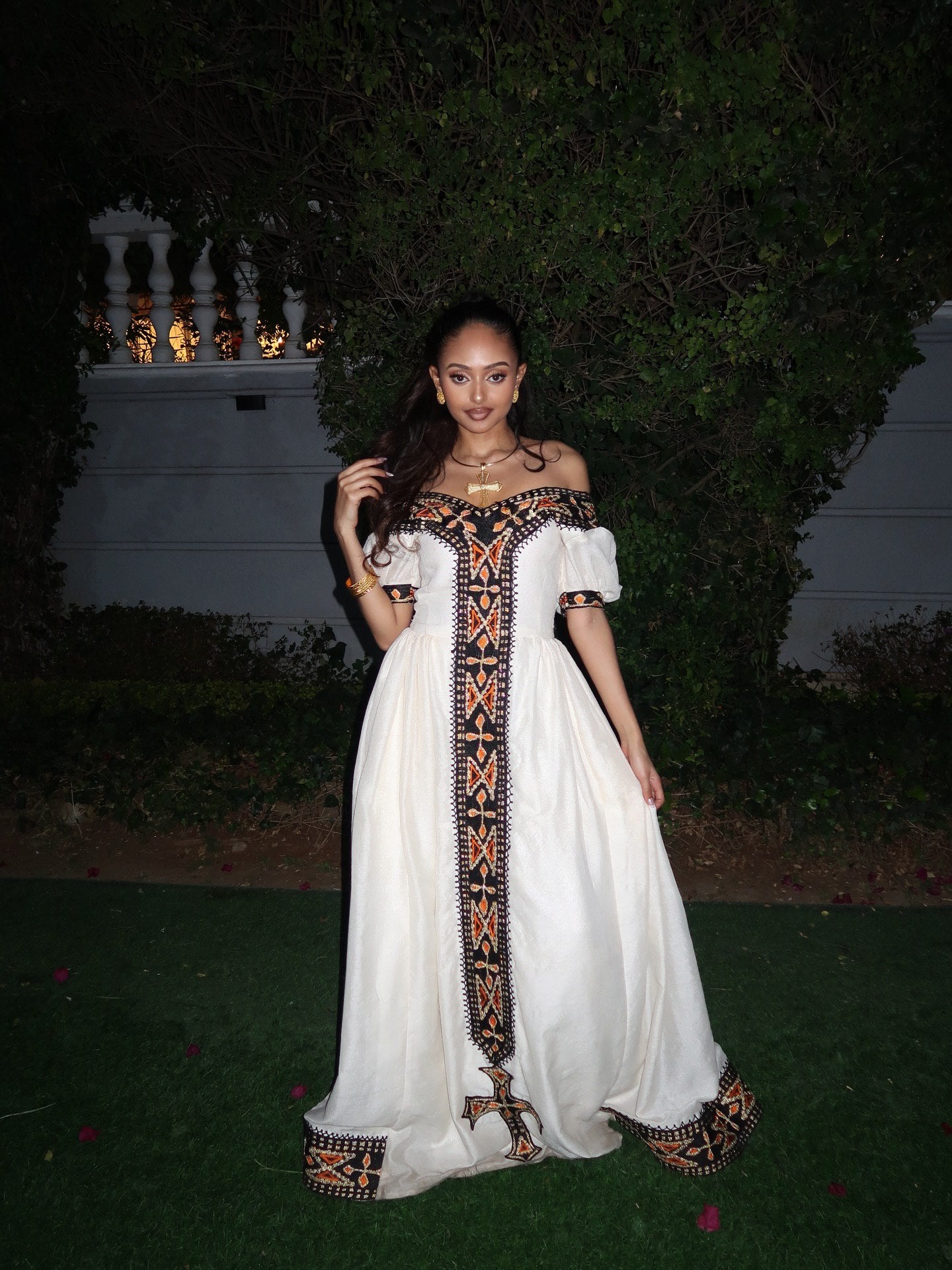 Off-Shoulder Habesha Kemis Black and Golden Embroidery Habesha Dress Traditional Ethiopian Clothing For event 526