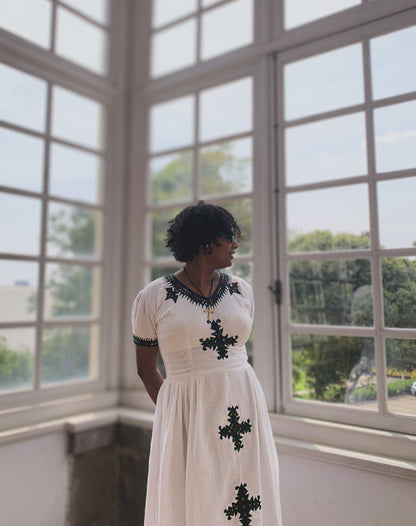 Habesha Dress with Cross Embroidery Traditional Style Habesha Kemis Short Sleeve Ethiopian Clothing 541