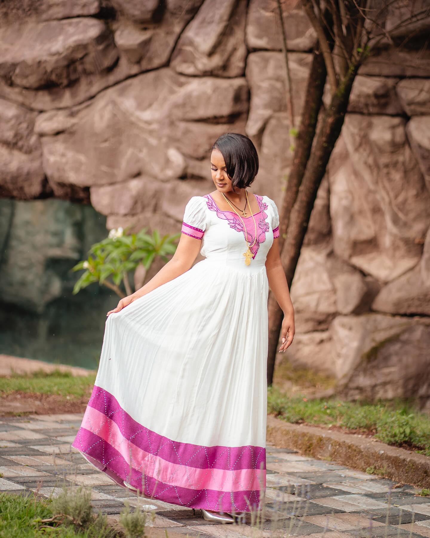 Graceful Short Sleeve Habesha Dress with Cross Embroidery
