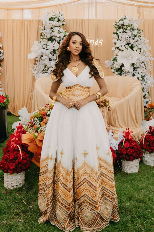 Traditional Ethiopian Wedding Dress Habesha Kemis for Timeless Bridal Celebrations Golden Embroidered Habesha Dress 549