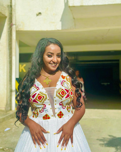 Sleeveless Habesha Kemis Red and Gold Cross Embroidery Habesha Dress Timeless Ethiopian Wedding Dress 551