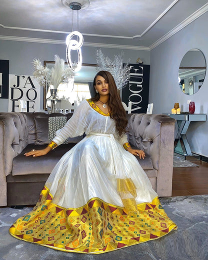 Traditional Ethiopian Dress Featuring Authentic Handwoven Habesha Kemis Yellow Border Habesha Dress 556