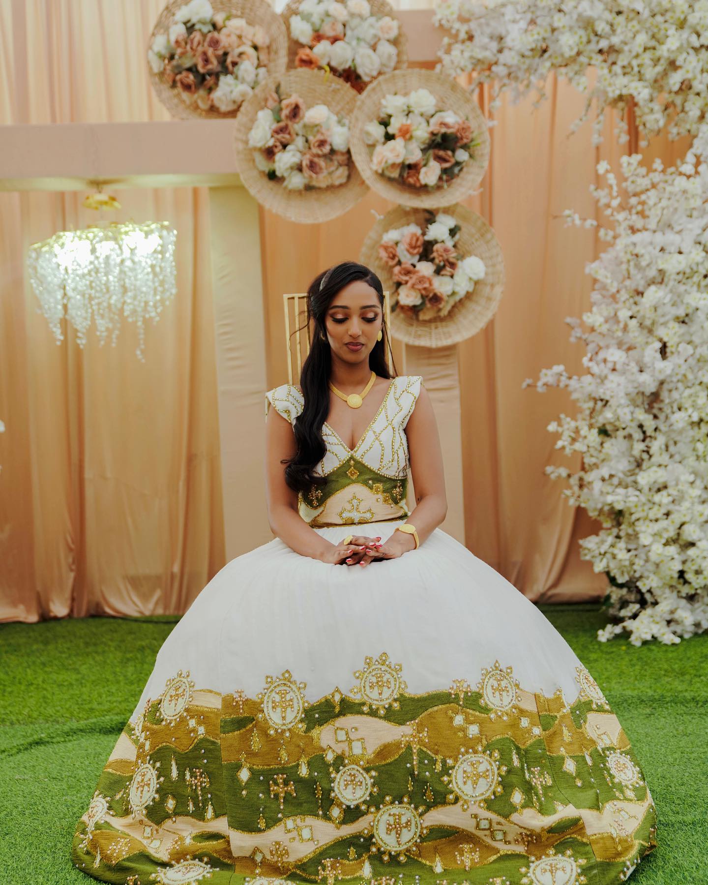 Traditional Ethiopian Wedding Dress Habesha Kemis with Green & Gold Details Luxurious Habesha Dress 562