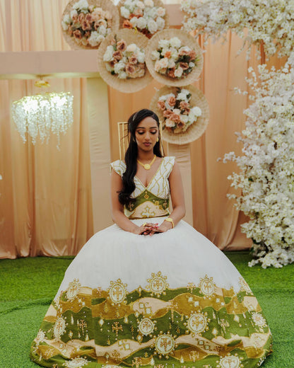 Traditional Ethiopian Wedding Dress Habesha Kemis with Green & Gold Details Luxurious Habesha Dress 562