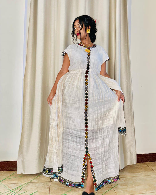 Multicolor Embroidery Habesha Kemis Short Sleeve Ethiopian Traditional Dress