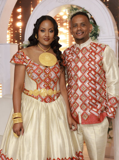 Habesha Couple Outfit Ethiopian Traditional Dress and Men's Shirt Set Matching Ethiopian Traditional Clothing 587