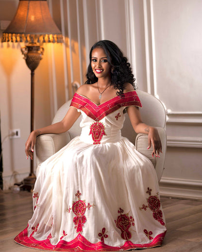 Off-Shoulder Habesha Dress Red Embroidery Ethiopian Traditional Dress Timeless Habesha Kemis 588