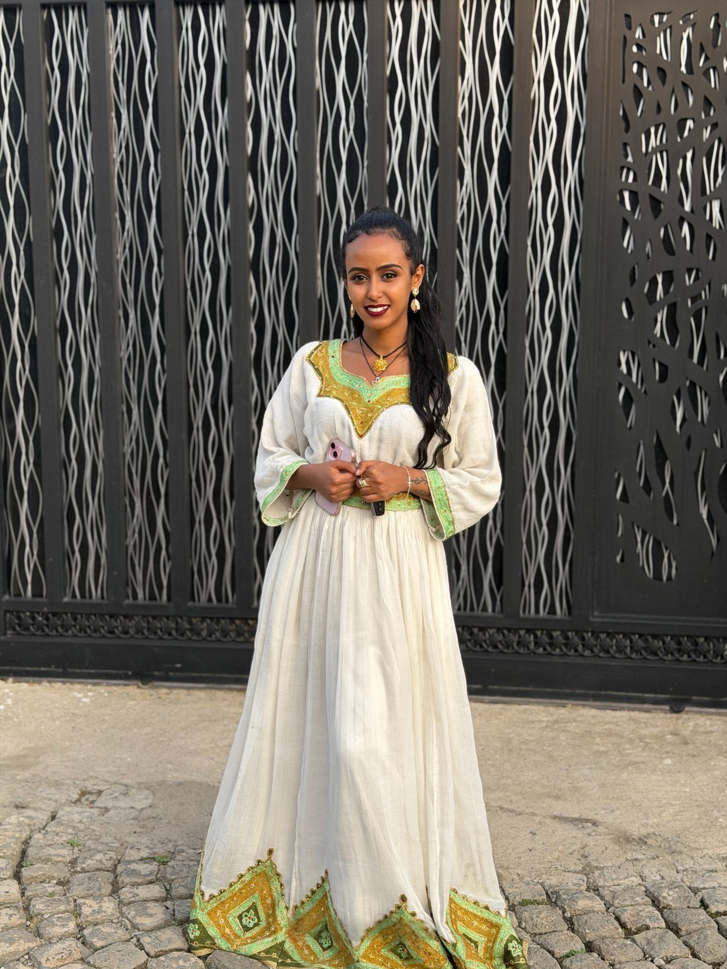 Green and Gold Habesha Kemis Ethiopian Traditional Dress