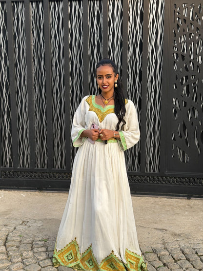 Green and Gold Habesha Kemis Ethiopian Traditional Dress