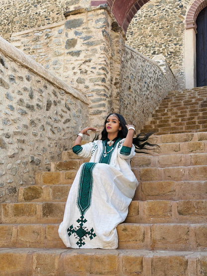 Green Embroidery Habesha Kemis Long Sleeve Habesha Dress Traditional Ethiopian Clothing 590
