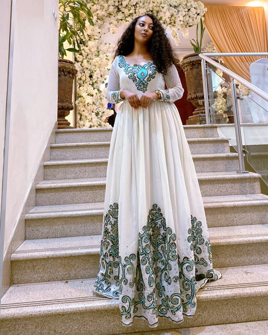 White Habesha Kemis with Green Embroidery Traditional Ethiopian Dress