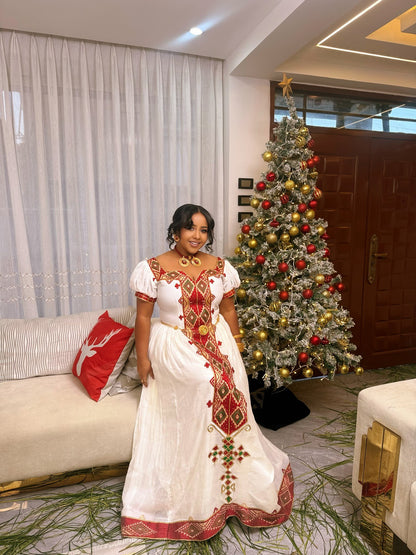 Off Shoulder Habesha Kemis Red Embroidery Ethiopian Dress