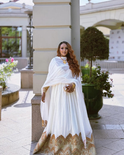 Golden Embroidery Habesha Kemis Long Sleeve Habesha Dress Graceful Ethiopian Clothing 607