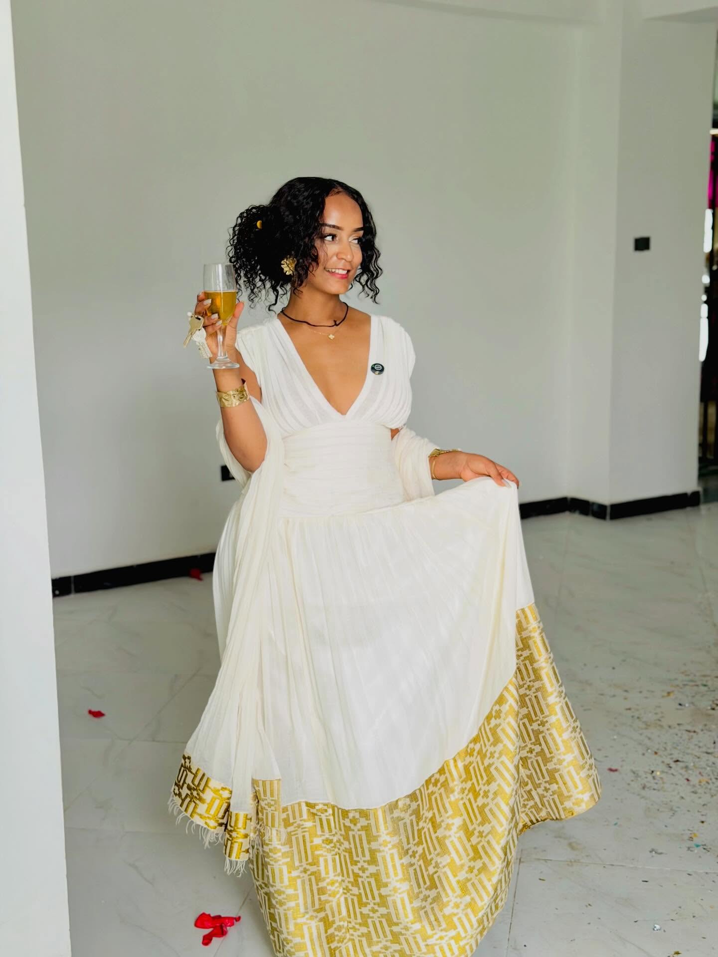 Handwoven Sleeveless Habesha Kemis V-Neck Ethiopian Dress