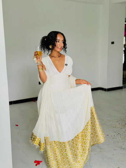 Handwoven Sleeveless Habesha Kemis V-Neck Ethiopian Dress