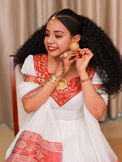 Traditional Ethiopian Wedding Dress Habesha Kemis with Red Woven Embroidery Handmade Habesha Dress 621
