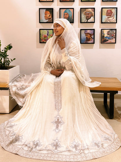 Traditional Ethiopian Clothing White Habesha Kemis Cross Embroidery Habesha Dress For Event 624