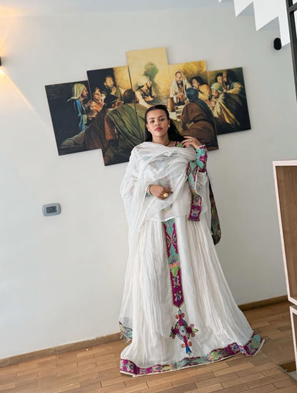 Multicolor Embroidery Habesha Dress Long Sleeve Ethiopian Clothing Timeless Habesha Kemis 625