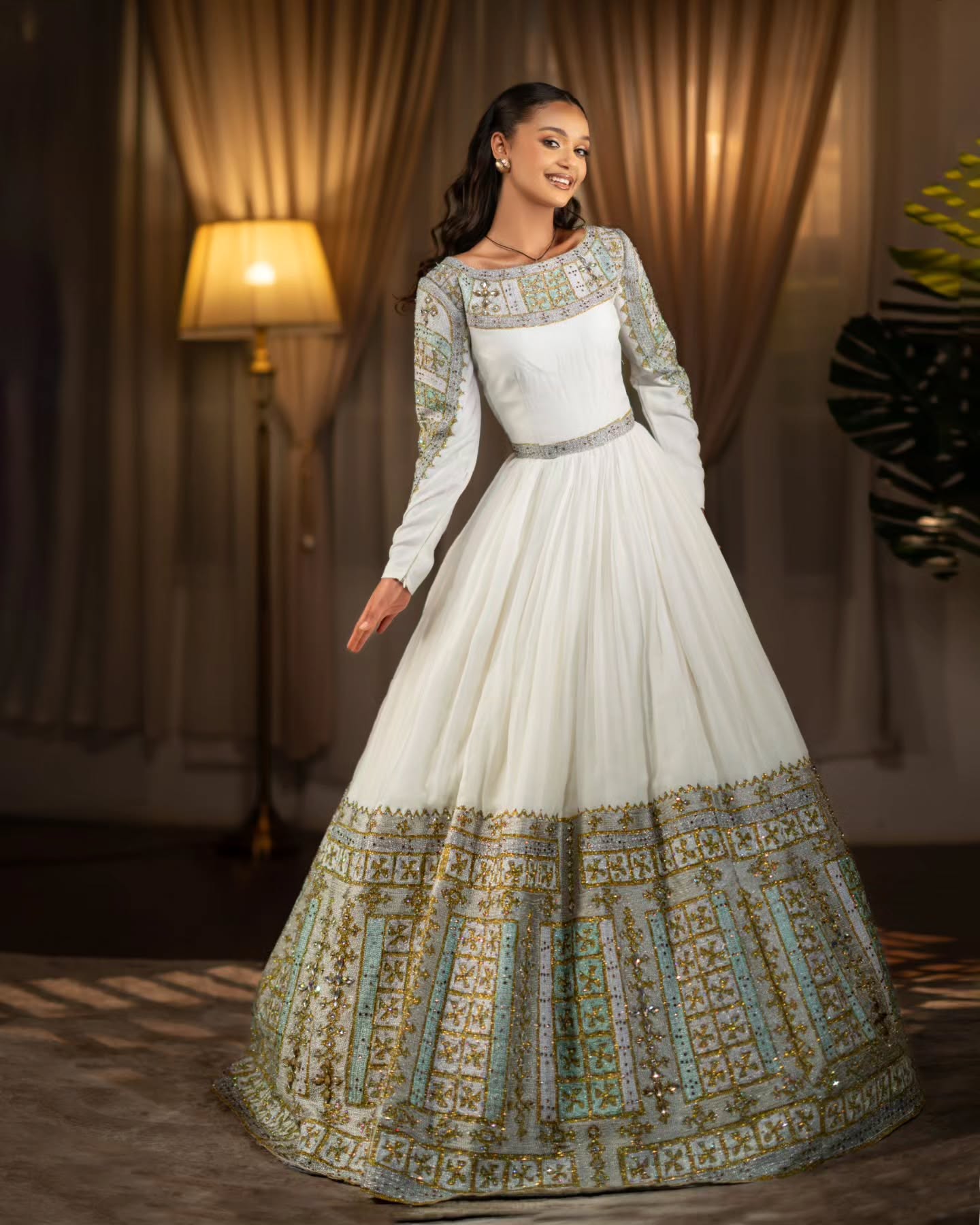 Long Sleeve Habesha Kemis Traditional Ethiopian Wedding Dress Gold And Mint Habesha Dress 643