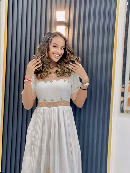 Pink Embroidery Habesha Kemis Short Sleeve Habesha Dress Traditional Ethiopian Dress For Festive 665