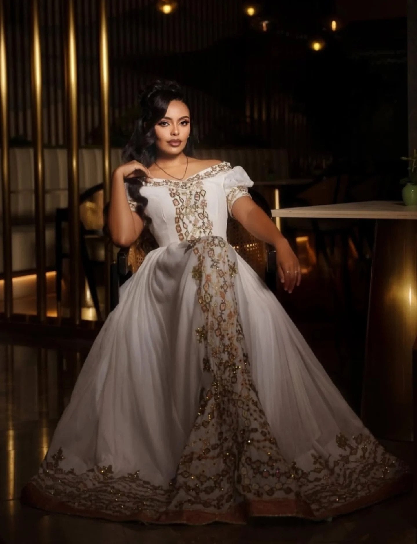 Off-Shoulder Habesha Dress  Golden Embroidery Habesha Kemis Short Sleeve Ethiopian Wedding Dress 674