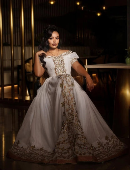 Off-Shoulder Habesha Dress  Golden Embroidery Habesha Kemis Short Sleeve Ethiopian Wedding Dress 674