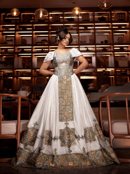 Luxurious Off-Shoulder Ethiopian Wedding Dress Habesha Kemis For Wedding Graceful Embroidery Habesha Dress 675