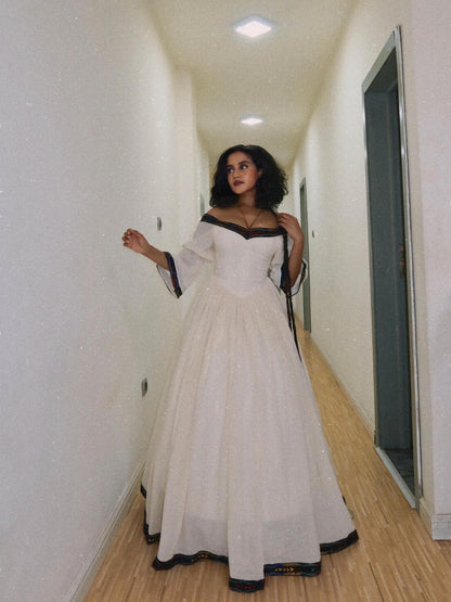Off-Shoulder Habesha Dress Multicolor Woven Design Habesha Kemis Stylish Ethiopian Clothing 677