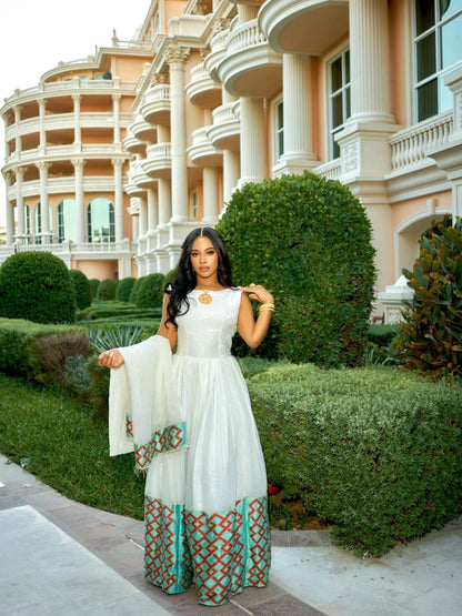 Elegant Sleeveless Habesha Dress Turquoise Woven Hem Habesha Kemis Traditional Ethiopian Clothing 689