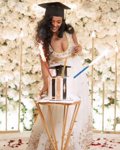 Habesha Dress For Special Event White Habesha Kemis with Gold Embroidery V-neckline Eritrean And Ethiopian Dress 692