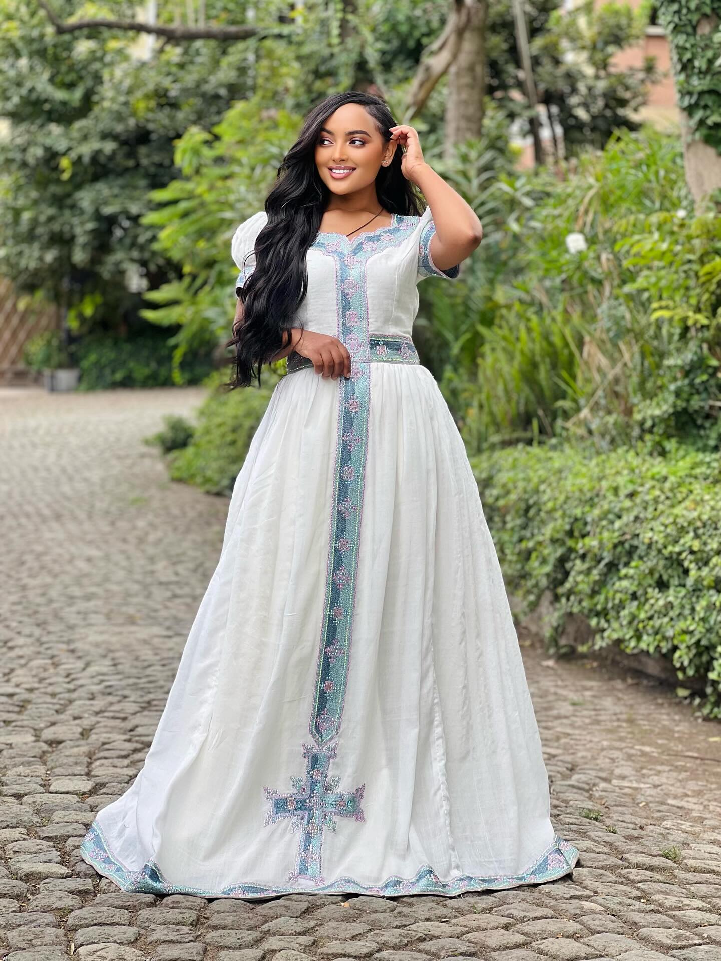 Short Sleeve Habesha Dress Teal Embroidery Habesha Kemis  Timeless Ethiopian Dress 698