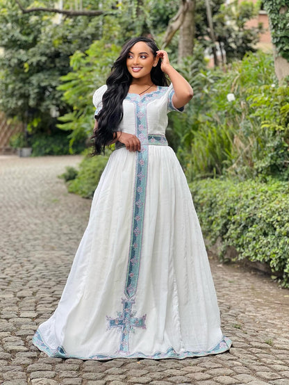 Short Sleeve Habesha Dress Teal Embroidery Habesha Kemis  Timeless Ethiopian Dress 698