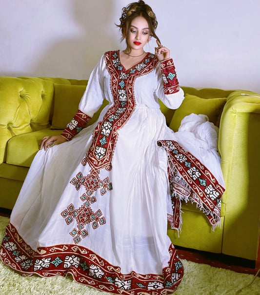Red Embroidery Habesha Dress Long Sleeve  Ethiopian Traditional Dress