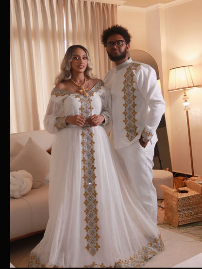 Matching Habesha Couple Outfit Ethiopian Traditional His and Hers White Habesha Matching Set 704