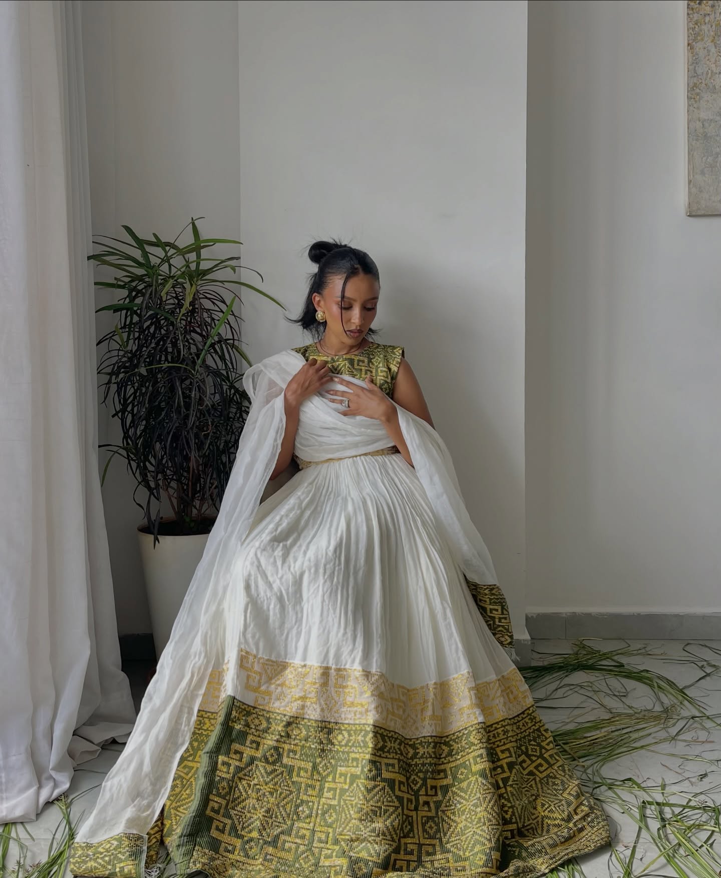 Green and Yellow Woven Habesha Dress Sleeveless Habesha Kemis Classic Ethiopian Cultural Dress 705