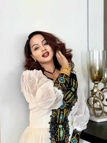 White Habesha Dress with Black Embroidery Long Sleeve Ethiopian Clothing Charming Habesha Kemis 706