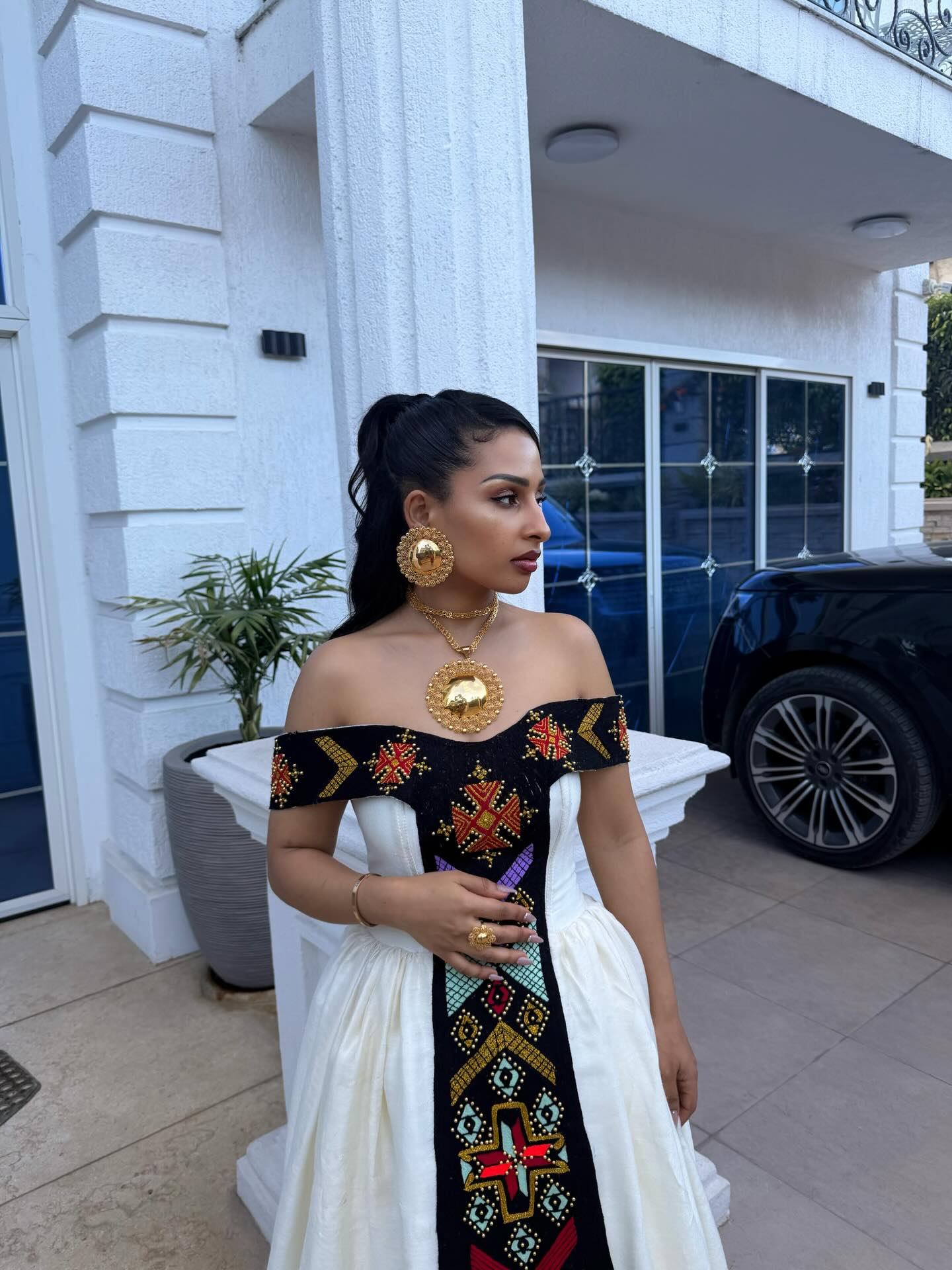 Off-Shoulder Habesha Dress with Black Panel and Multicolor Embroidery  Elegant Ethiopian Dress Festive Habesha Kemis 707