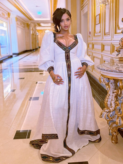 Puff Sleeve Habesha Dress with Embroidery Ethiopian Traditional Dress Stylish Habesha Kemis 708