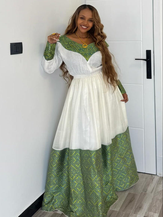 Green Woven Habesha Dress Handmade Long Sleeve Ethiopian Kemis