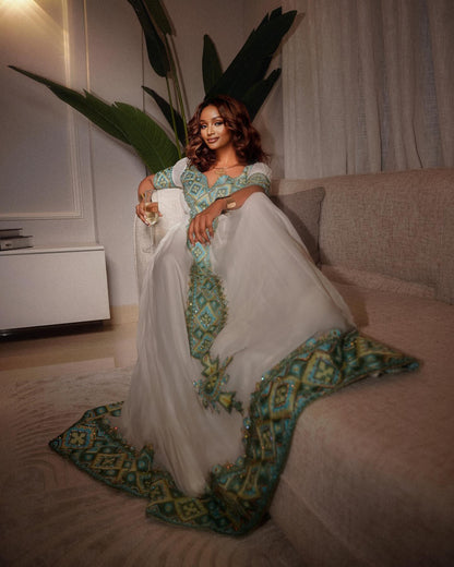Off Shoulder Teal Embroidery Habesha Kemis Traditional Ethiopian Dress Graceful Habesha Dress 715