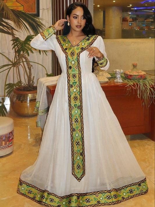 Golden And Green Embroidery Long Sleeve Habesha Kemis